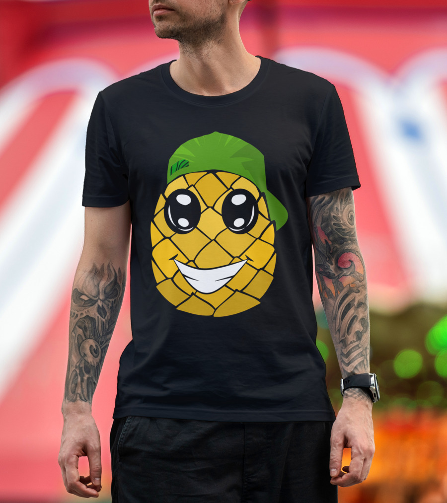 Happy Pineapple Smiling Cartoon Face with Green Cap T-Shirt