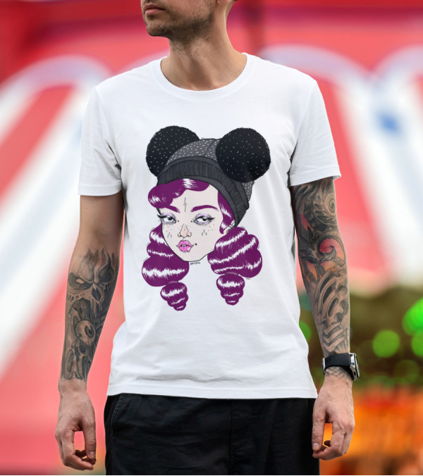 Premium T-Shirt: Purple Hair Girl with Black Pom Pom Beanie T-Shirt Purple Hair Girl with Black Pom Pom Beanie T-Shirt