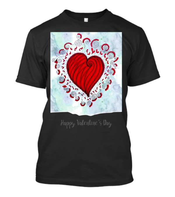 Happy Valentine's Day Red Heart Swirls And Floral T-Shirt