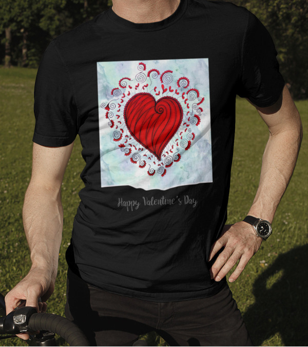 Happy Valentine's Day Red Heart Swirls And Floral T-Shirt