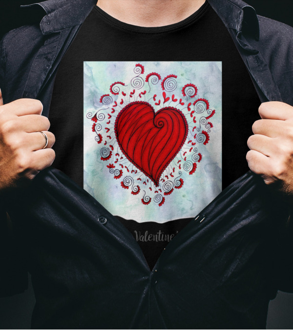 Happy Valentine's Day Red Heart Swirls And Floral T-Shirt