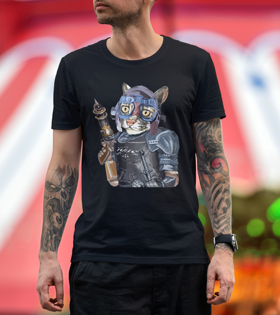 Naughty Pilot Cat Laser Gun Heavy Armor Goggle Helmet T-Shirt