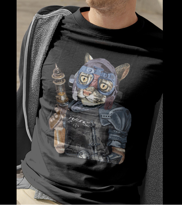 Naughty Pilot Cat Laser Gun Heavy Armor Goggle Helmet T-Shirt
