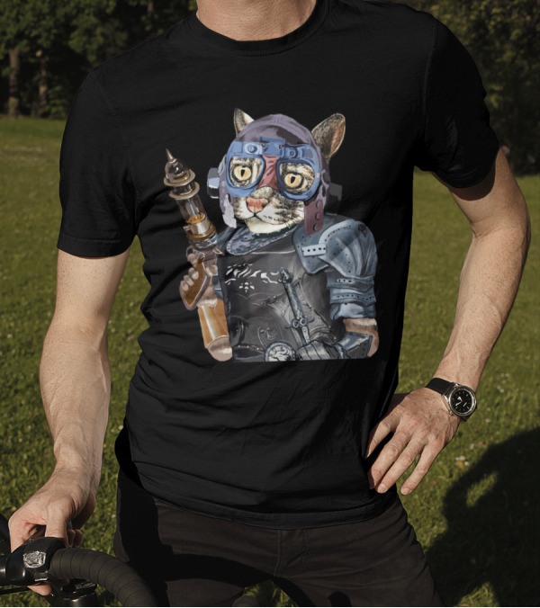 Naughty Pilot Cat Laser Gun Heavy Armor Goggle Helmet T-Shirt