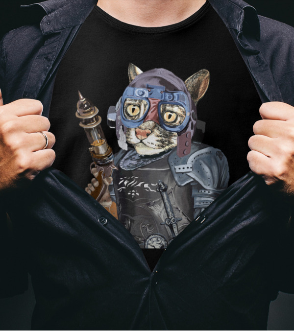Naughty Pilot Cat Laser Gun Heavy Armor Goggle Helmet T-Shirt