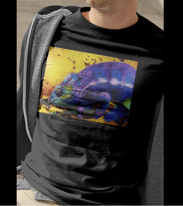 Harmonious Chameleon Ste Vibrant Multicolor Reptile On Yellow And Orange Background T-Shirt