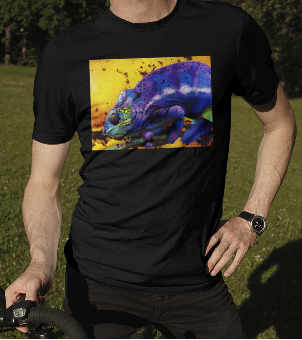 Harmonious Chameleon Ste Vibrant Multicolor Reptile On Yellow And Orange Background T-Shirt
