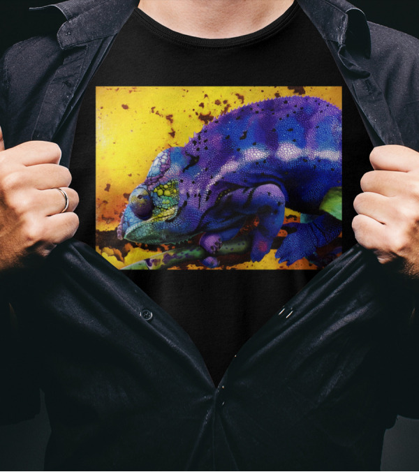 Harmonious Chameleon Ste Vibrant Multicolor Reptile On Yellow And Orange Background T-Shirt