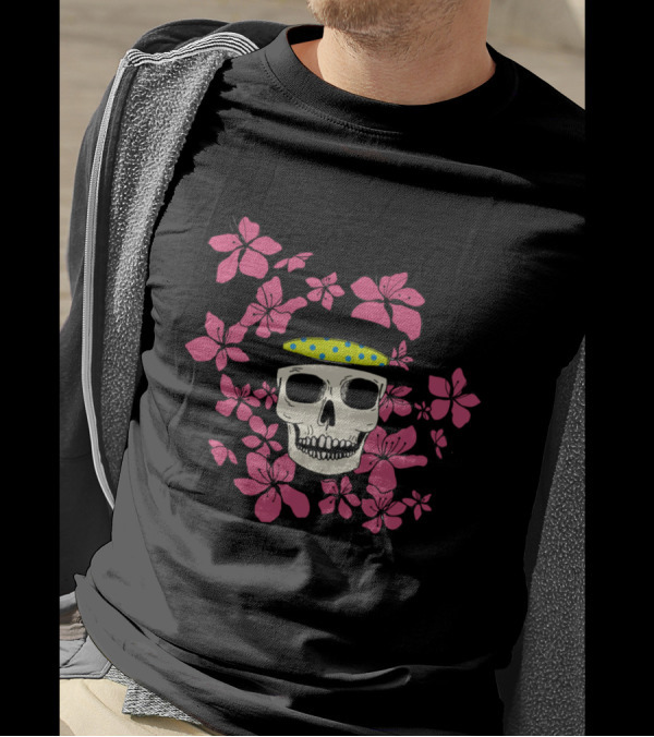 Skull In A Hat With Pink Flowers And Polka Dot Band T-Shirt