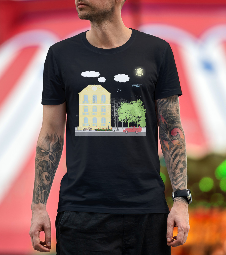 Urban Scene Bicycle Helicopter Trees Car Sun Clouds Birds T-Shirt