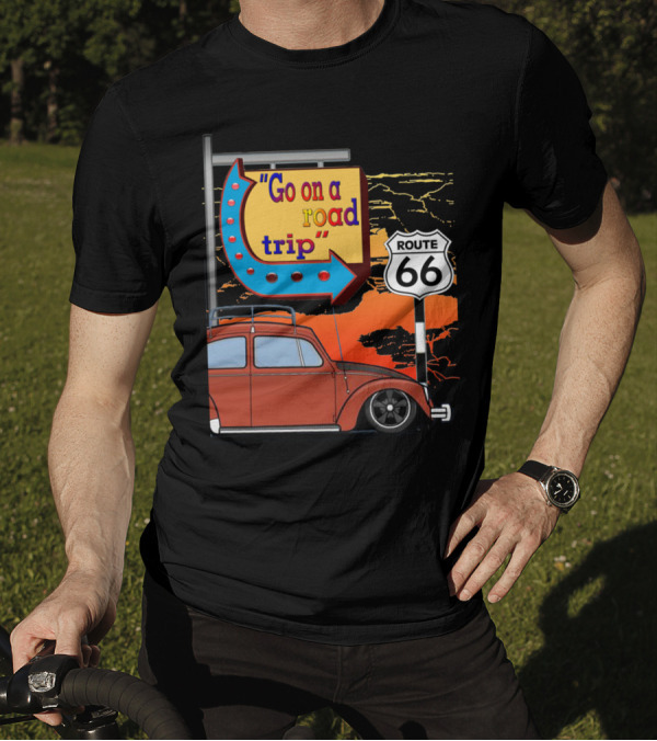 Route 66 Go On A Road Trip With Classic Car And Neon Sign T-Shirt