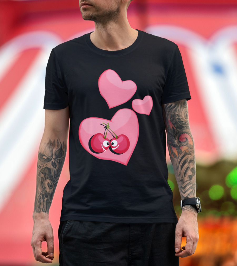 Cherries in Love with Heart Eyes and Pink Hearts T-Shirt