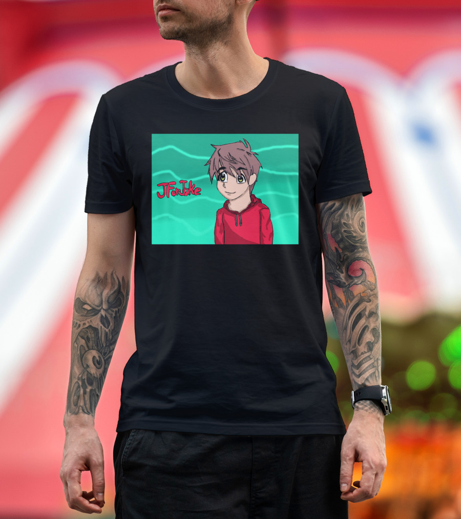 JForJake Anime Style Red Hoodie Character with Brown Hair and Green Eyes T-Shirt