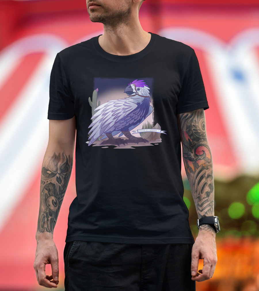 Neebs Gaming In Memory Of Cooter Episode 52 Episode 104 Bird with Cactus Background Purple and White Feathers T-Shirt
