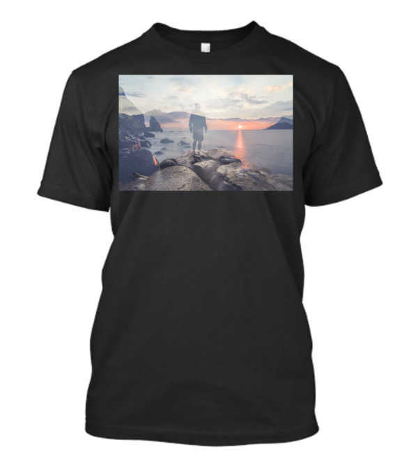 Mirrored Thoughts Sunset Reflection Journey On Rocky Shoreline T-Shirt