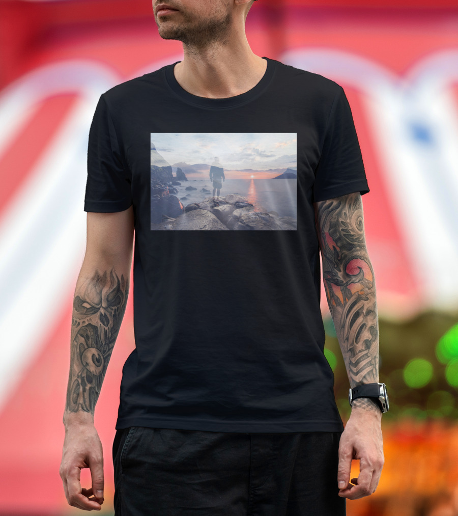 Mirrored Thoughts Sunset Reflection Journey on Rocky Shoreline T-Shirt