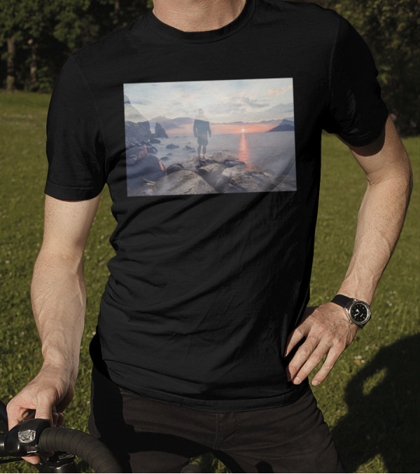 Mirrored Thoughts Sunset Reflection Journey On Rocky Shoreline T-Shirt
