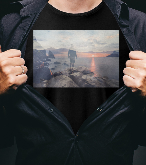 Mirrored Thoughts Sunset Reflection Journey On Rocky Shoreline T-Shirt