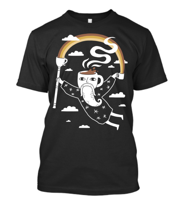 Joe The Coffee Wizard Floating With Steaming Cup And Colorful Rainbow T-Shirt