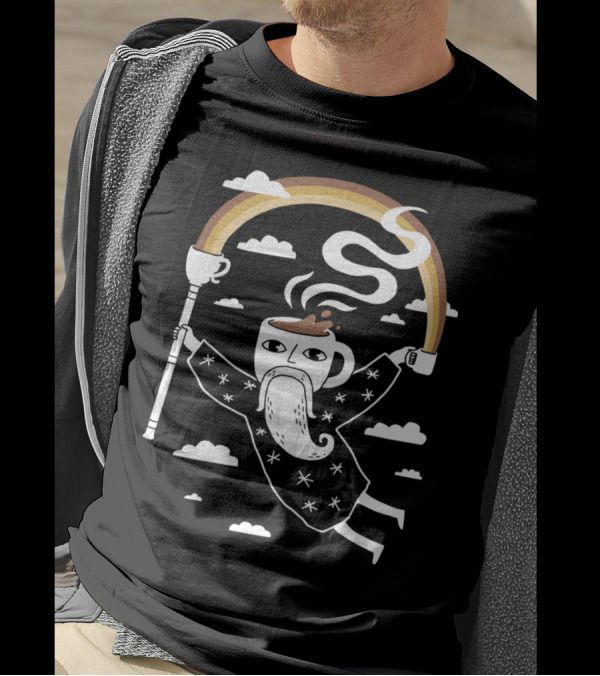 Joe The Coffee Wizard Floating With Steaming Cup And Colorful Rainbow T-Shirt