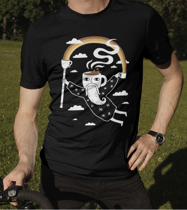 Joe The Coffee Wizard Floating With Steaming Cup And Colorful Rainbow T-Shirt