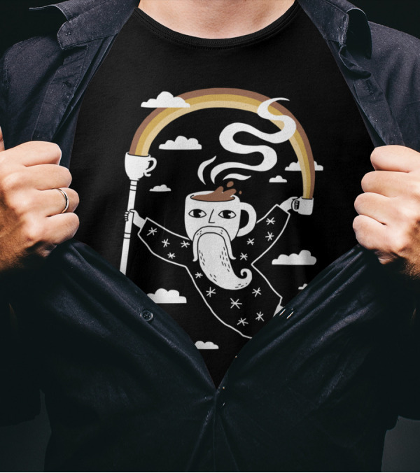 Joe The Coffee Wizard Floating With Steaming Cup And Colorful Rainbow T-Shirt
