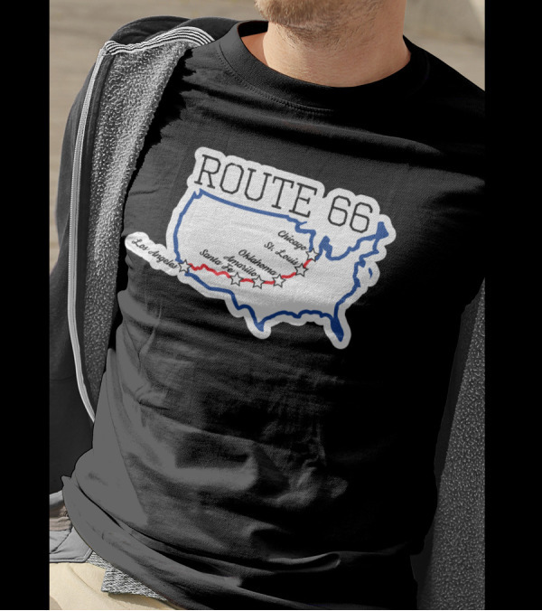 Route 66 Map With Chicago St. Louis Oklahoma Santa Fe Los Angeles T-Shirt