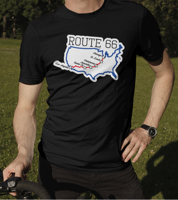 Route 66 Map With Chicago St. Louis Oklahoma Santa Fe Los Angeles T-Shirt