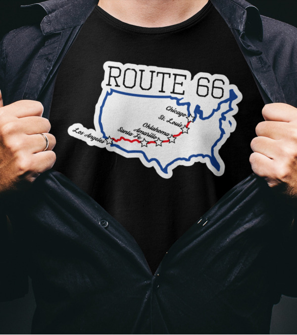 Route 66 Map With Chicago St. Louis Oklahoma Santa Fe Los Angeles T-Shirt