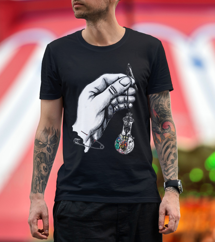 Pins Needles Hand Holding Light Bulb With Multicolored Interior T-Shirt
