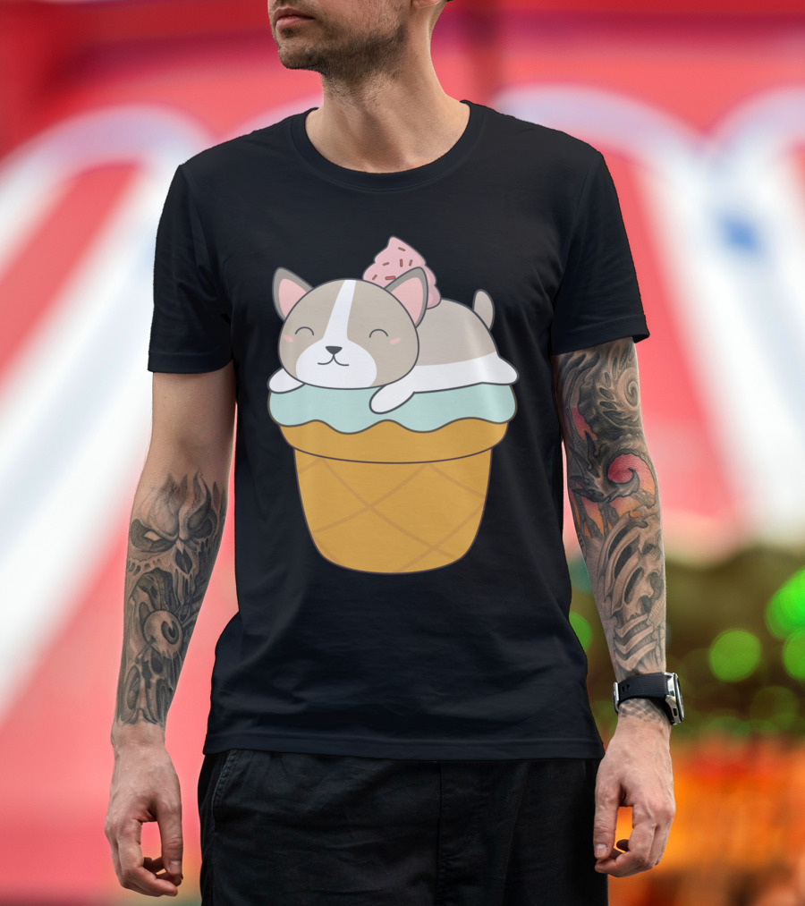 Kawaii Puppy Dog Sleeping on Ice Cream Cone Cupcake T-Shirt
