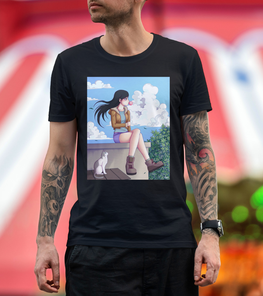 Maru Roug Anime Girl and Cat on Rooftop with Bubblegum and Blue Sky Clouds T-Shirt