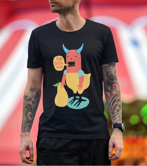 Premium T-Shirt: Go Vegan Monster with Pear T-Shirt Go Vegan Monster with Pear T-Shirt