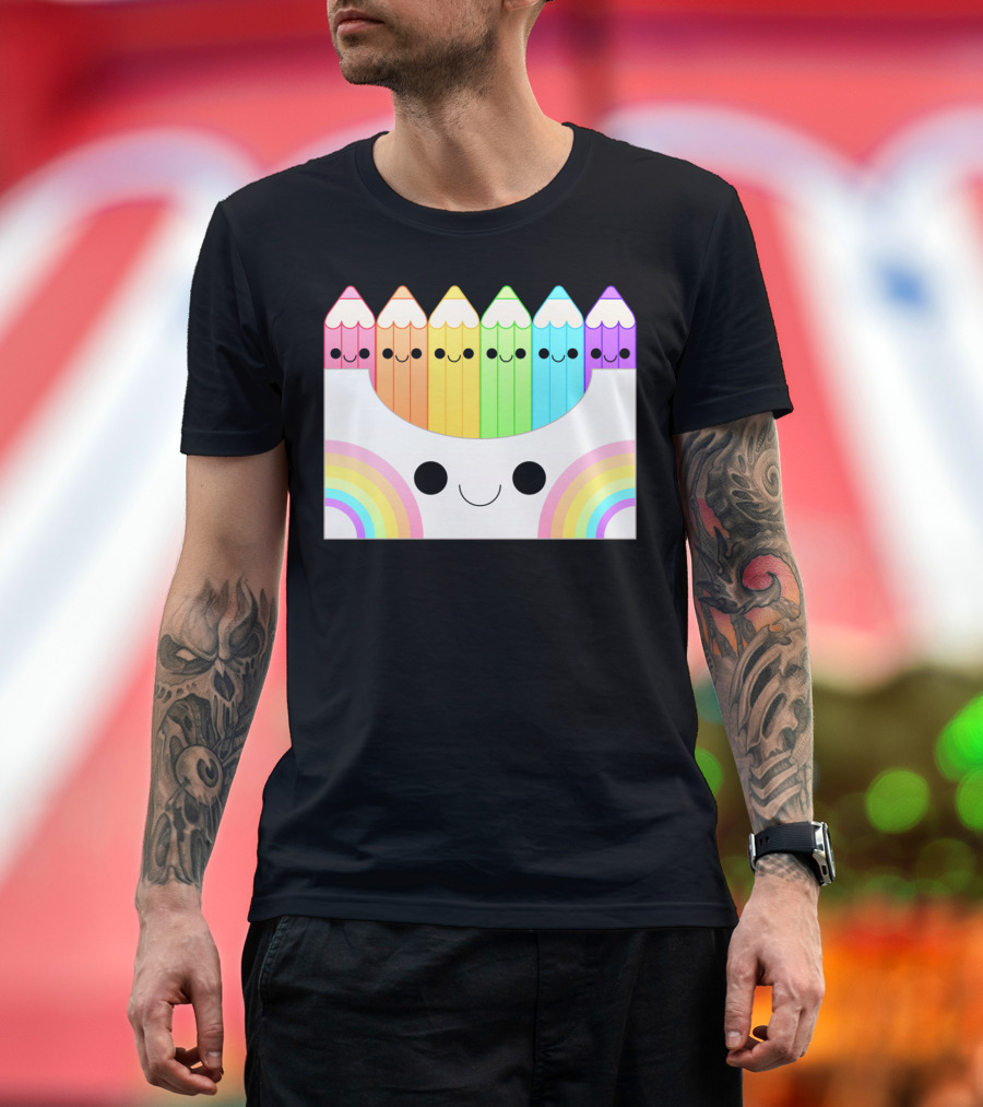 Kawaii Rainbow Pencil Box with Smiling Faces T-Shirt