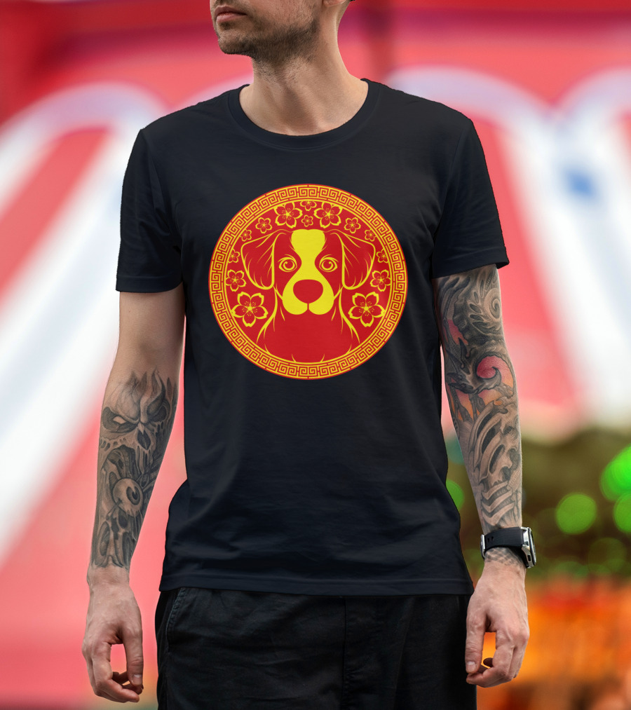 Marun Dog Chinese Zodiac Floral Circle T-Shirt