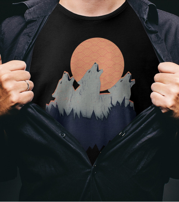 Howling Moon Wolves Under Geometric Sunrise T-Shirt
