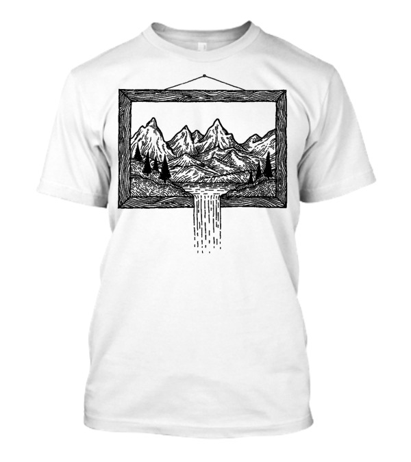 Waterfall Frame Mountain Landscape Sketch With Cascading River T-Shirt