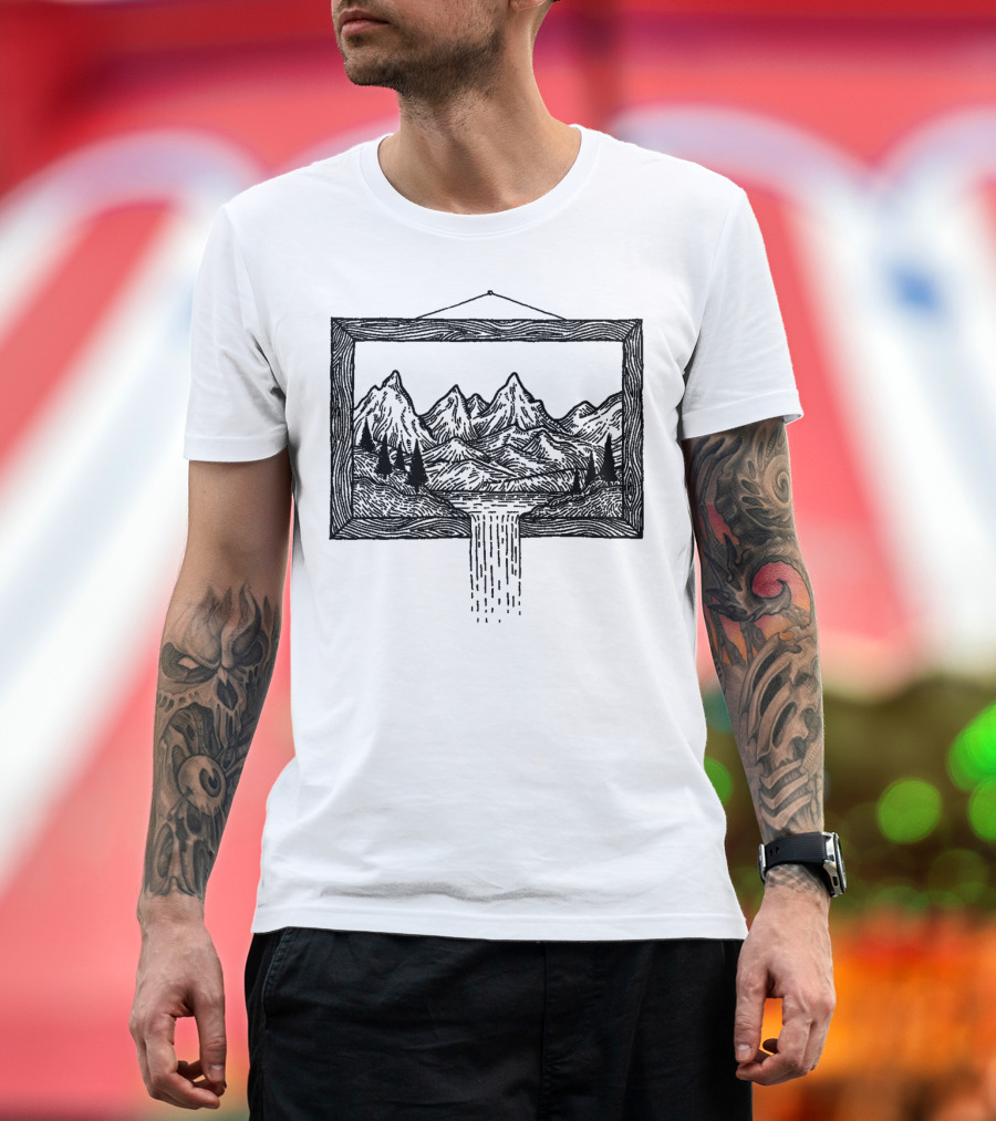Waterfall Frame Mountain Landscape Sketch with Cascading River T-Shirt