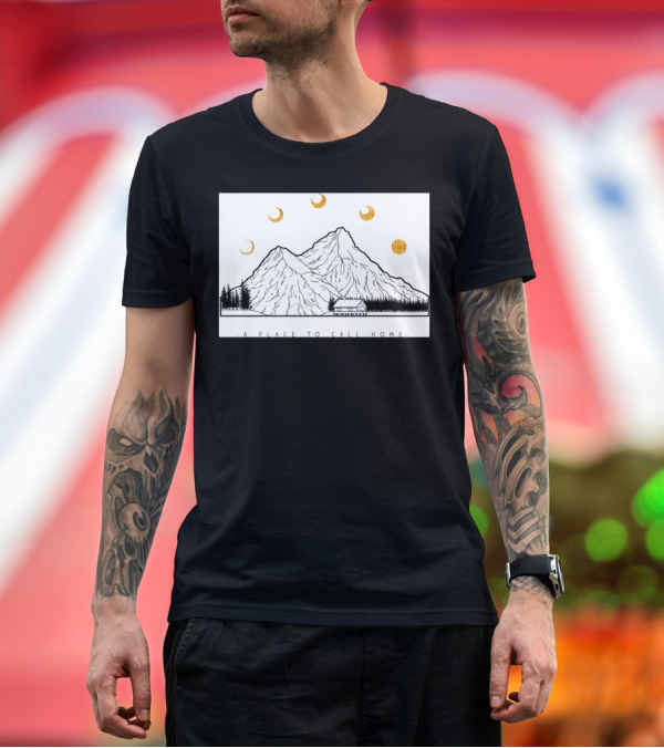 Premium T-Shirt: A Place to Call Home Mountains and Moons Sticker by Bla T-Shirt A Place to Call Home Mountains and Moons Sticker by Bla T-Shirt