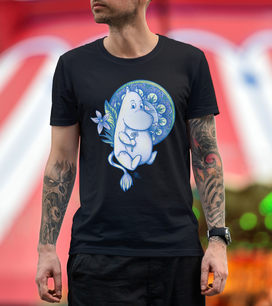 Moomintroll Character with Floral Elements and Decorative Circular Motif T-Shirt