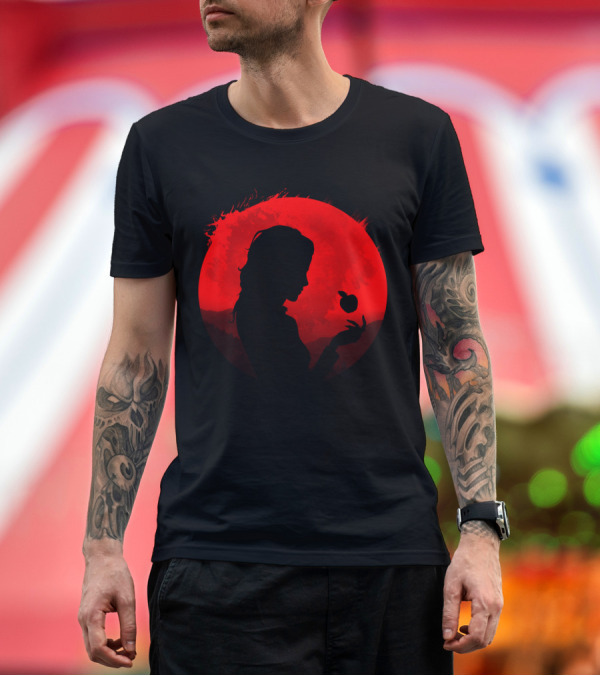 Premium T-Shirt: Scarlet Skies Silhouette with Apple Against Lunar Red Sky T-Shirt Scarlet Skies Silhouette with Apple Against Lunar Red Sky T-Shirt