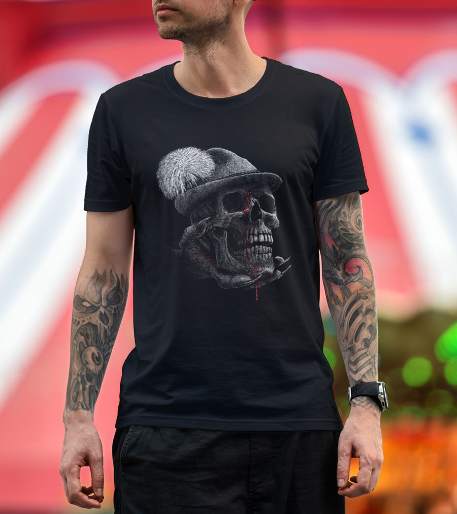 HUNTERS WILL BE HUNTED Skull in Hat with Fur Pom and Claw Marks T-Shirt