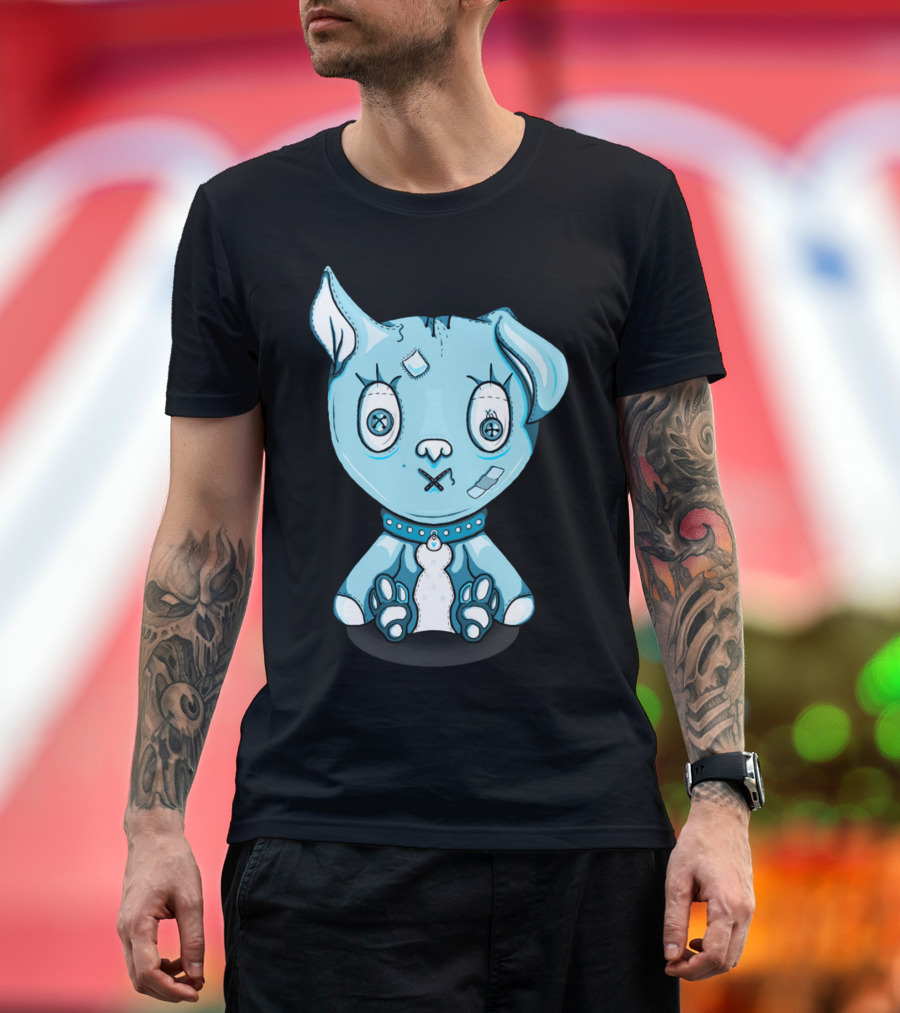 Theodore The Dusty Dog Patchwork Plushie with Button Eyes and Blue Hue T-Shirt