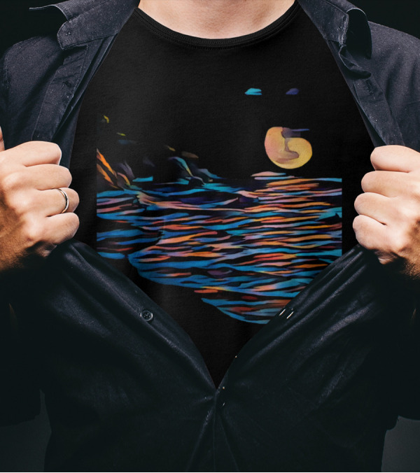 Moonlight Reflections Over Vibrant Beach Waves T-Shirt