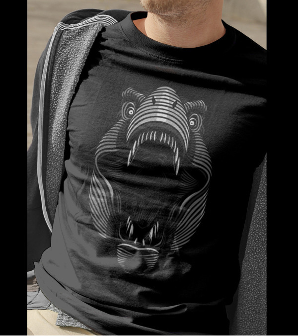 Lines Rex Dinosaur Face Black And White Striped T-Shirt