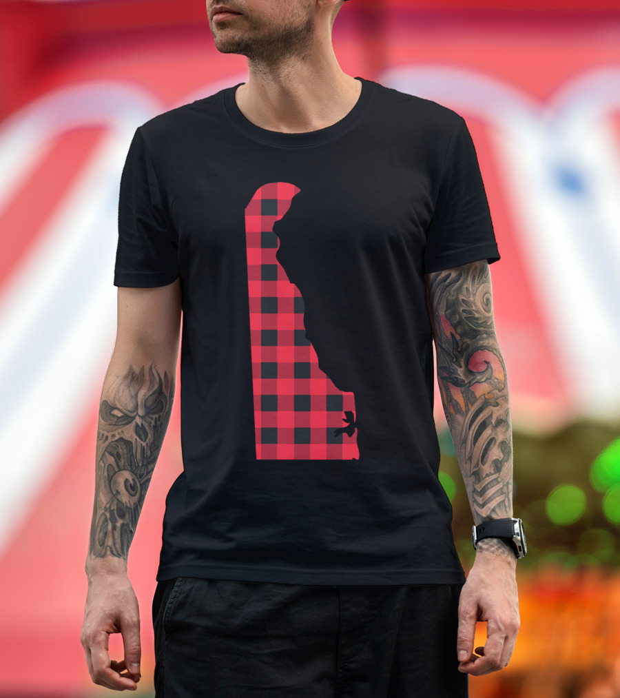 Red and Black Checkered Delaware State Outline T-Shirt