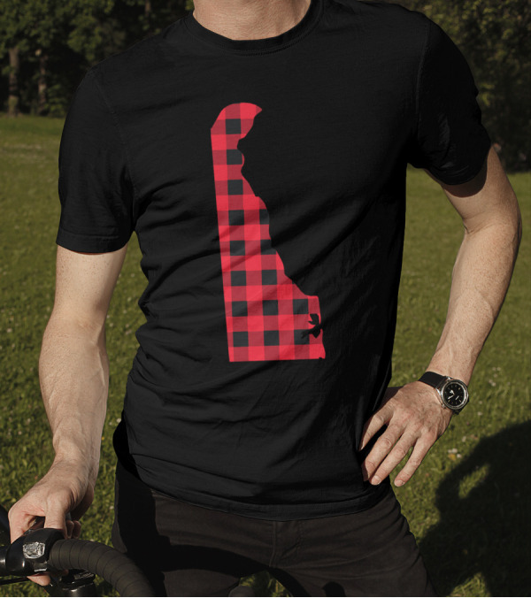 Red And Black Checkered Delaware State Outline T-Shirt