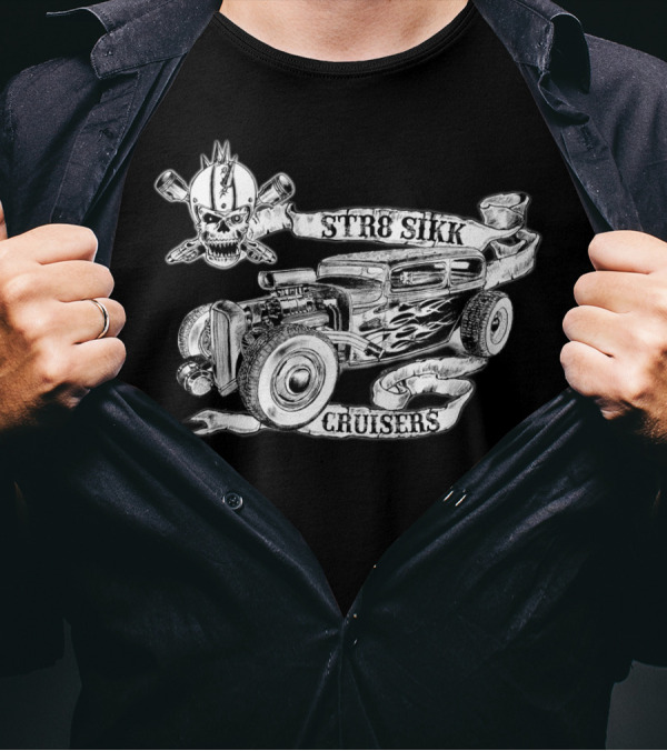 STR8 Sikk Cruisers RatRod Skull Pistons T-Shirt