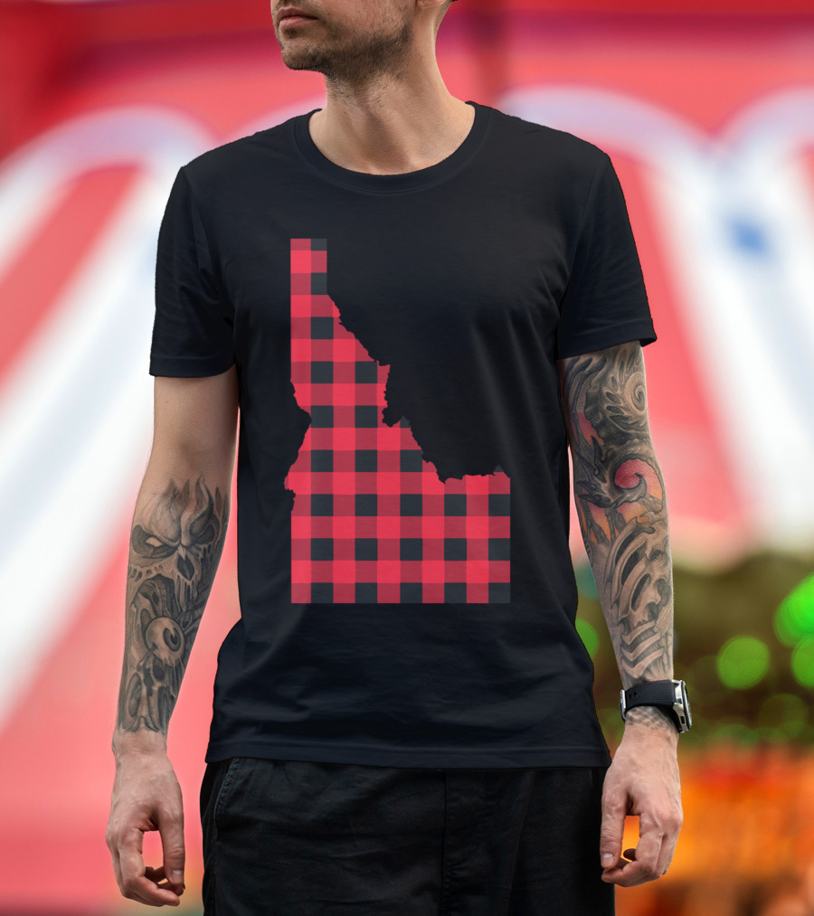 Red And Black Checkered Idaho State Outline T-Shirt