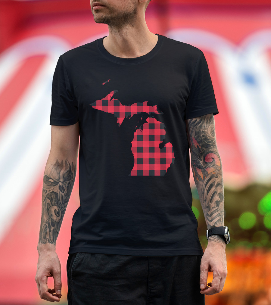 Red And Black Checkered Michigan State Map T-Shirt